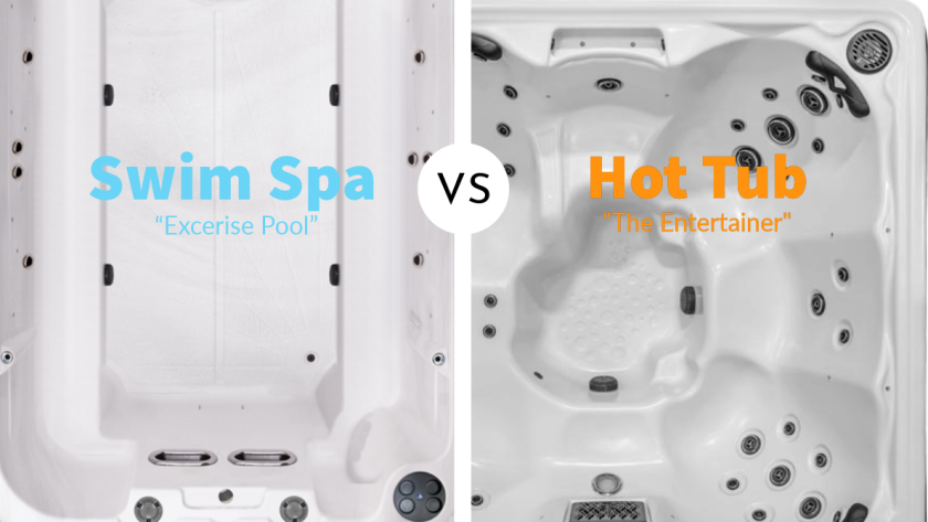 Side by Side swim spa versus hot tub with the tag lines "Exercise Pool" and The Entertainer" below the two titles