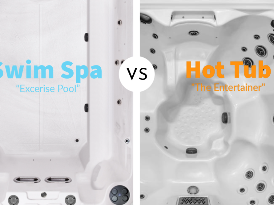 Side by Side swim spa versus hot tub with the tag lines "Exercise Pool" and The Entertainer" below the two titles