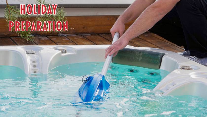 Man Cleaning hot tub with tool and the words Holiday Preparation in red text