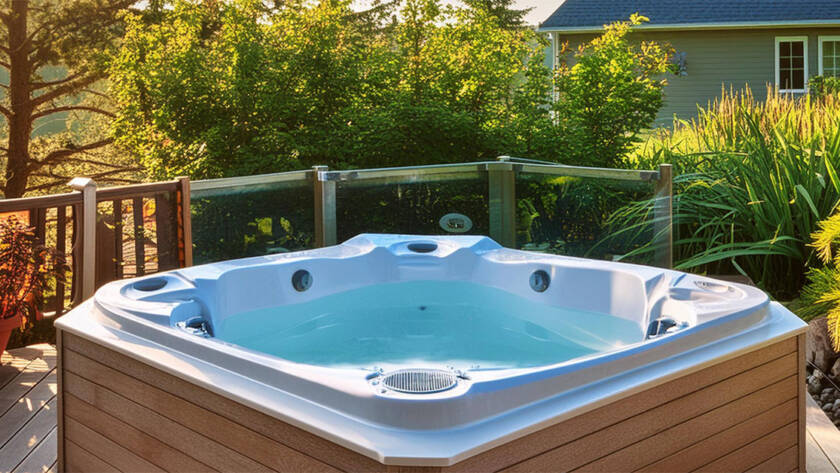 A new Motor City hot tub in the foreground in front of a fence with a house in the background with trees and shrubs outlining the backyard oasis.