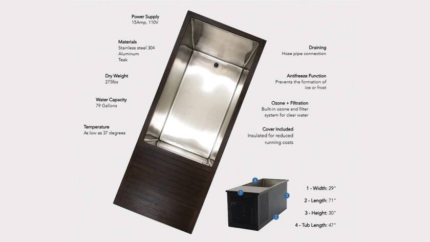 Arctic plunge ice bath with specs and features listed
