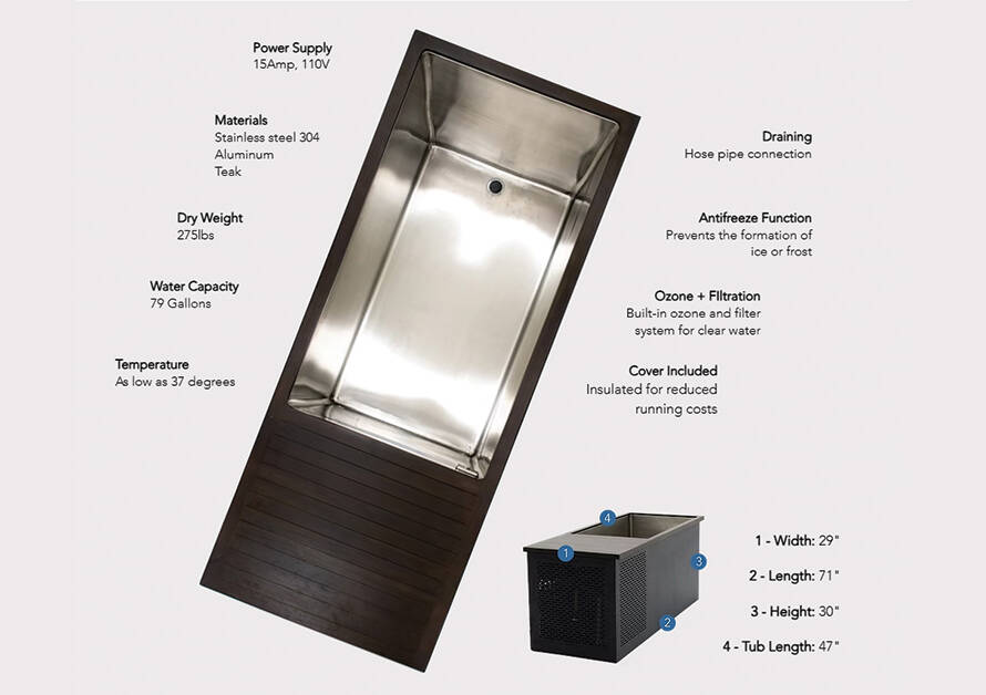 Arctic plunge ice bath with specs and features listed